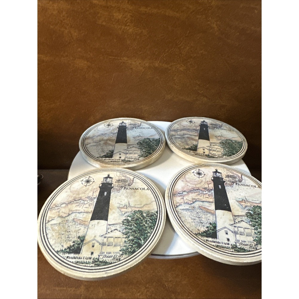 4 Coastal Lighthouse 4"Absorbent Naturestone Coasters USA Cork Back Wood Vintage - Picture 5 of 7